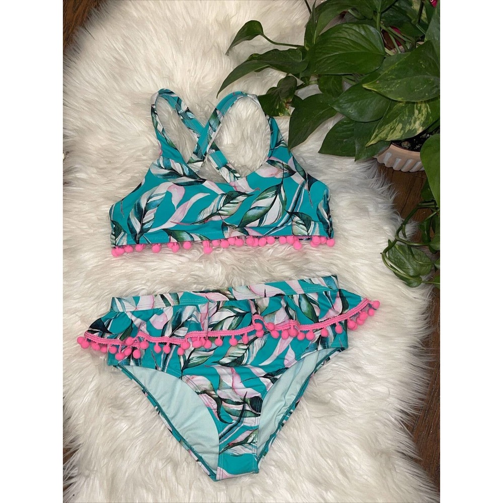 Beach Lingo 16 Girls 2 Piece Swimsuit Green Pink Pompoms Tropical Bikini